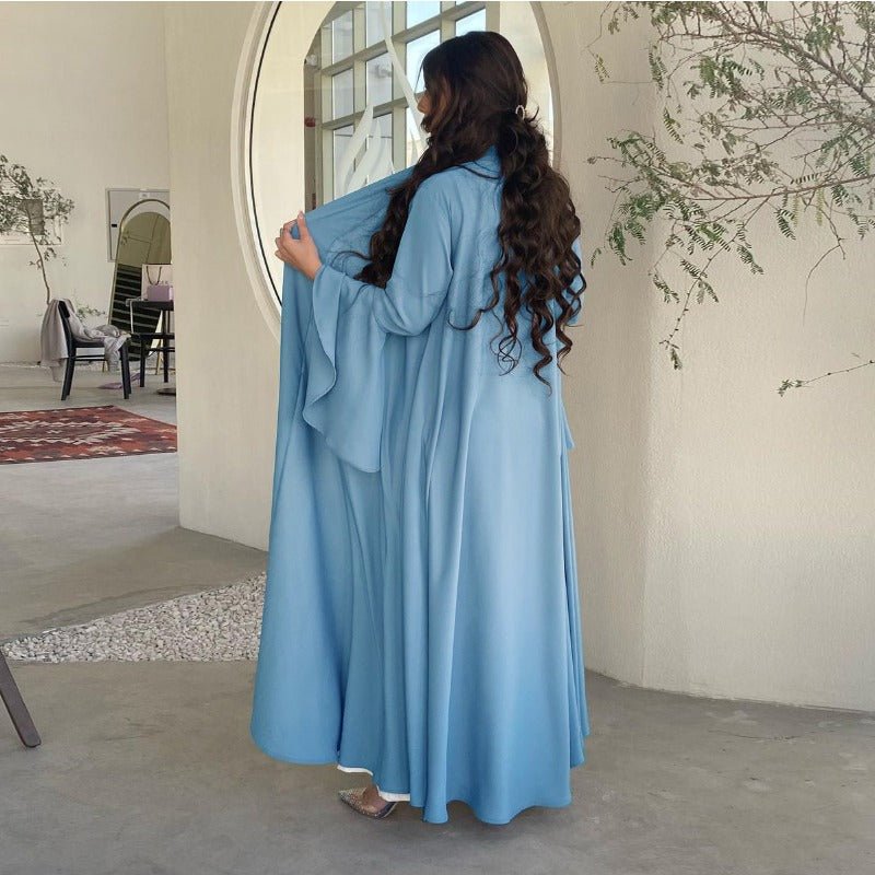 Lotus Leaf Sleeve Solid Soft Satin Open Front Abaya Dress | Lightweight Modest Abaya Cover(MOA220) - Mariam's Collection