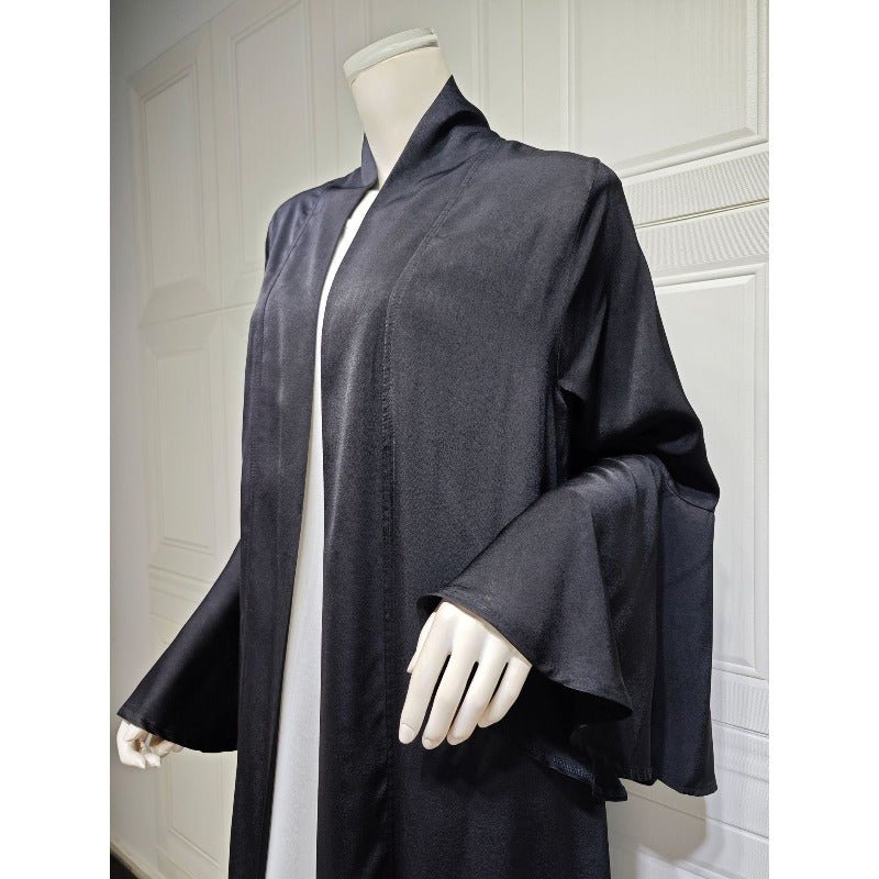 Lotus Leaf Sleeve Solid Soft Satin Open Front Abaya Dress | Lightweight Modest Abaya Cover(MOA220) - Mariam's Collection