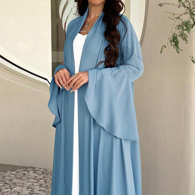 Lotus Leaf Sleeve Solid Soft Satin Open Front Abaya Dress | Lightweight Modest Abaya Cover(MOA220) - Mariam's Collection