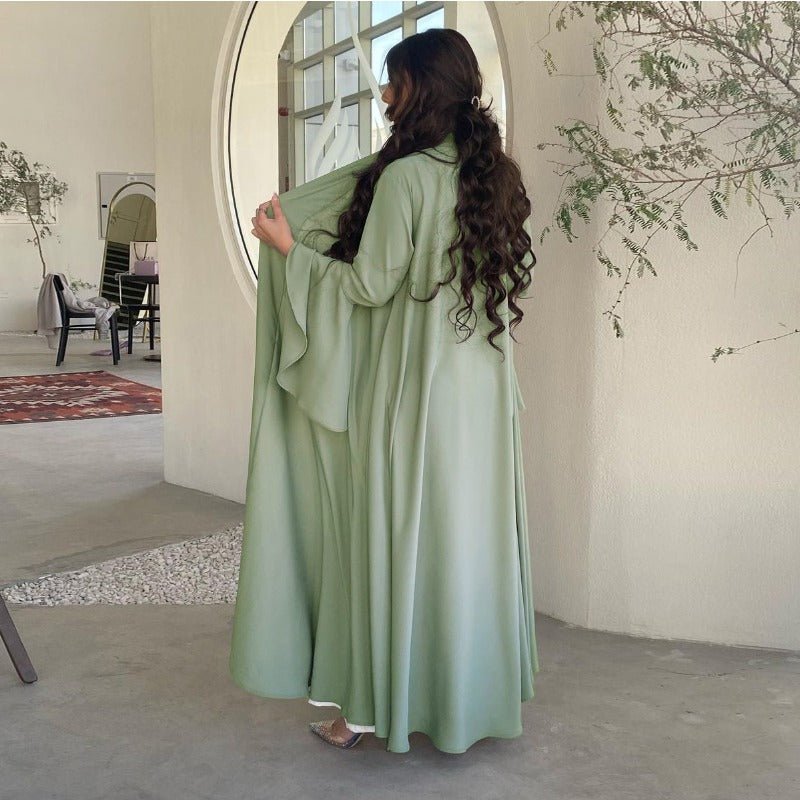 Lotus Leaf Sleeve Solid Soft Satin Open Front Abaya Dress | Lightweight Modest Abaya Cover(MOA220) - Mariam's Collection
