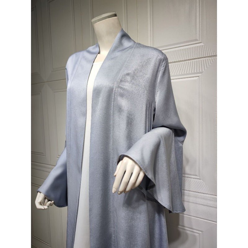 Lotus Leaf Sleeve Solid Soft Satin Open Front Abaya Dress | Lightweight Modest Abaya Cover(MOA220) - Mariam's Collection