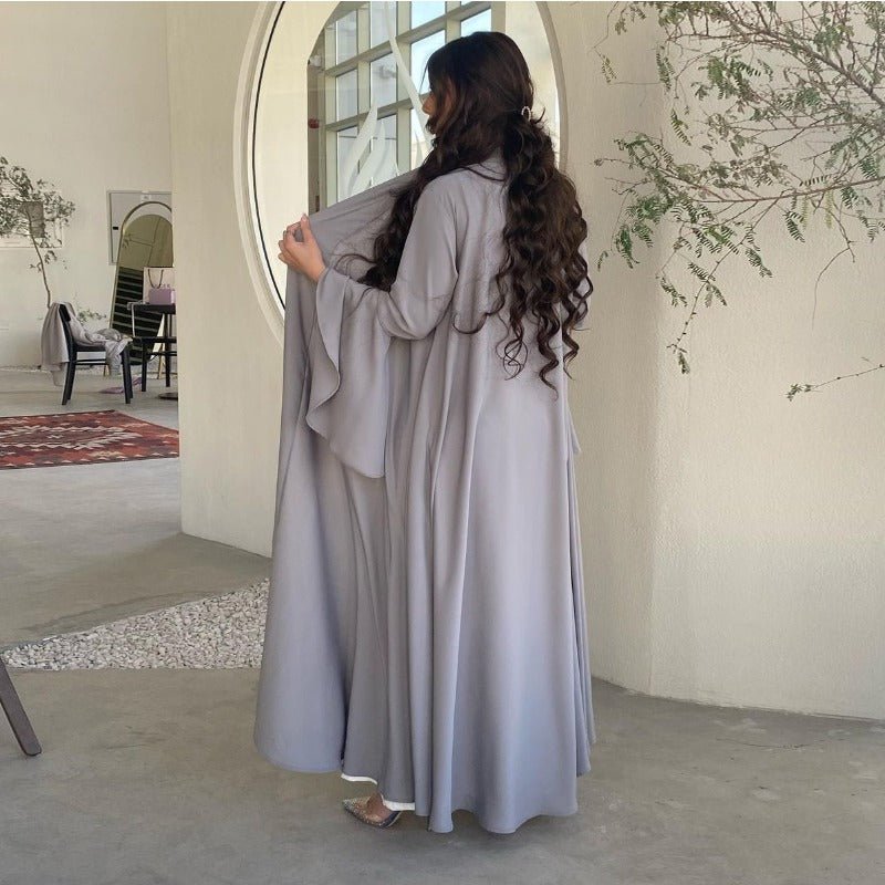 Lotus Leaf Sleeve Solid Soft Satin Open Front Abaya Dress | Lightweight Modest Abaya Cover(MOA220) - Mariam's Collection