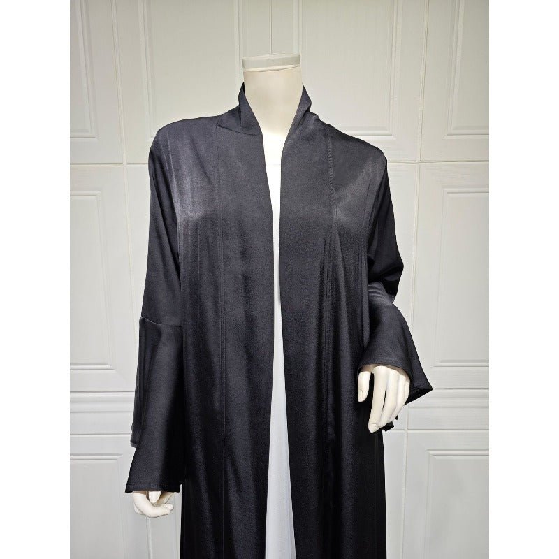 Lotus Leaf Sleeve Solid Soft Satin Open Front Abaya Dress | Lightweight Modest Abaya Cover(MOA220) - Mariam's Collection
