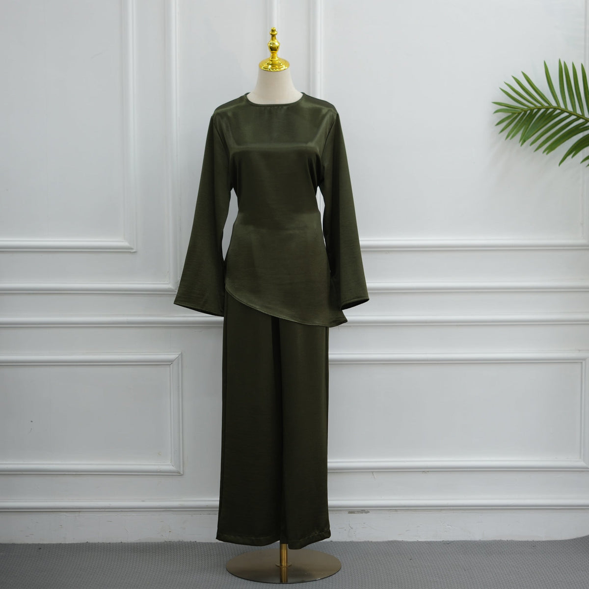 Alternate shade of modest two-piece with wide-leg trousers