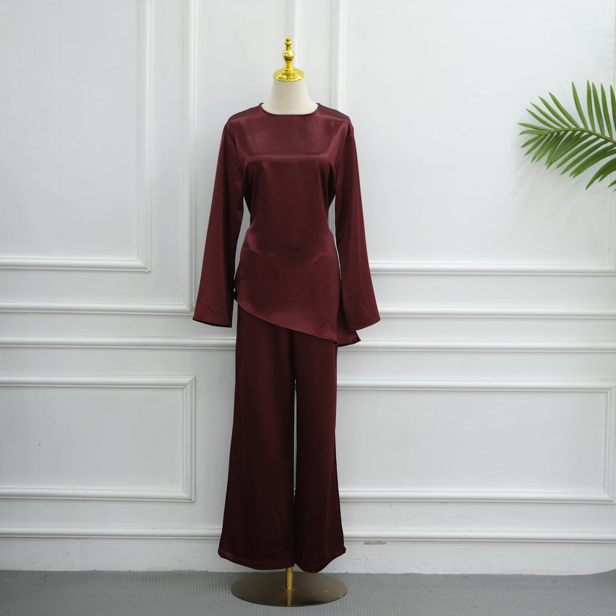 Full-length styling of satin co-ord with matching hijab