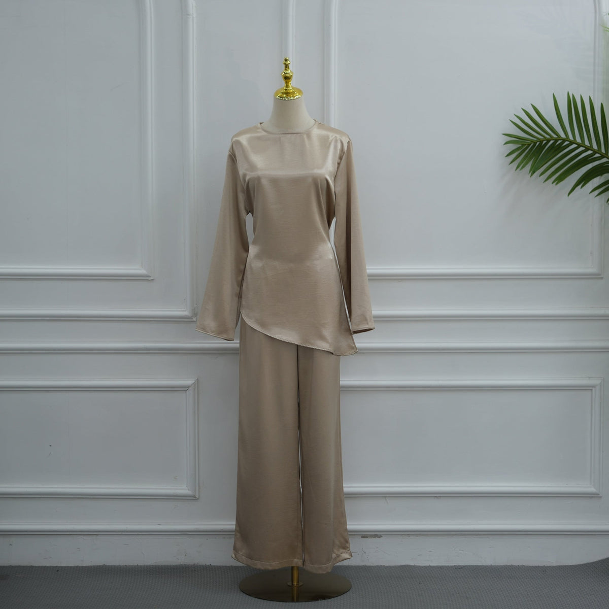 Neutral tone satin co-ord styled for Eid dressing