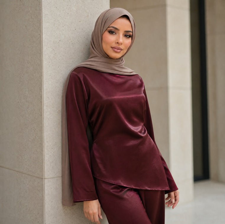 Back view of satin co-ord showing self-tie sash bow at waist