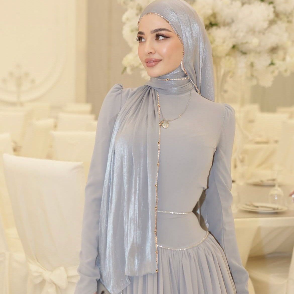 Lustrous Thread Hijab with Satin & Crinkle Texture, Featuring Metal Chain (MH142) - Mariam's Collection
