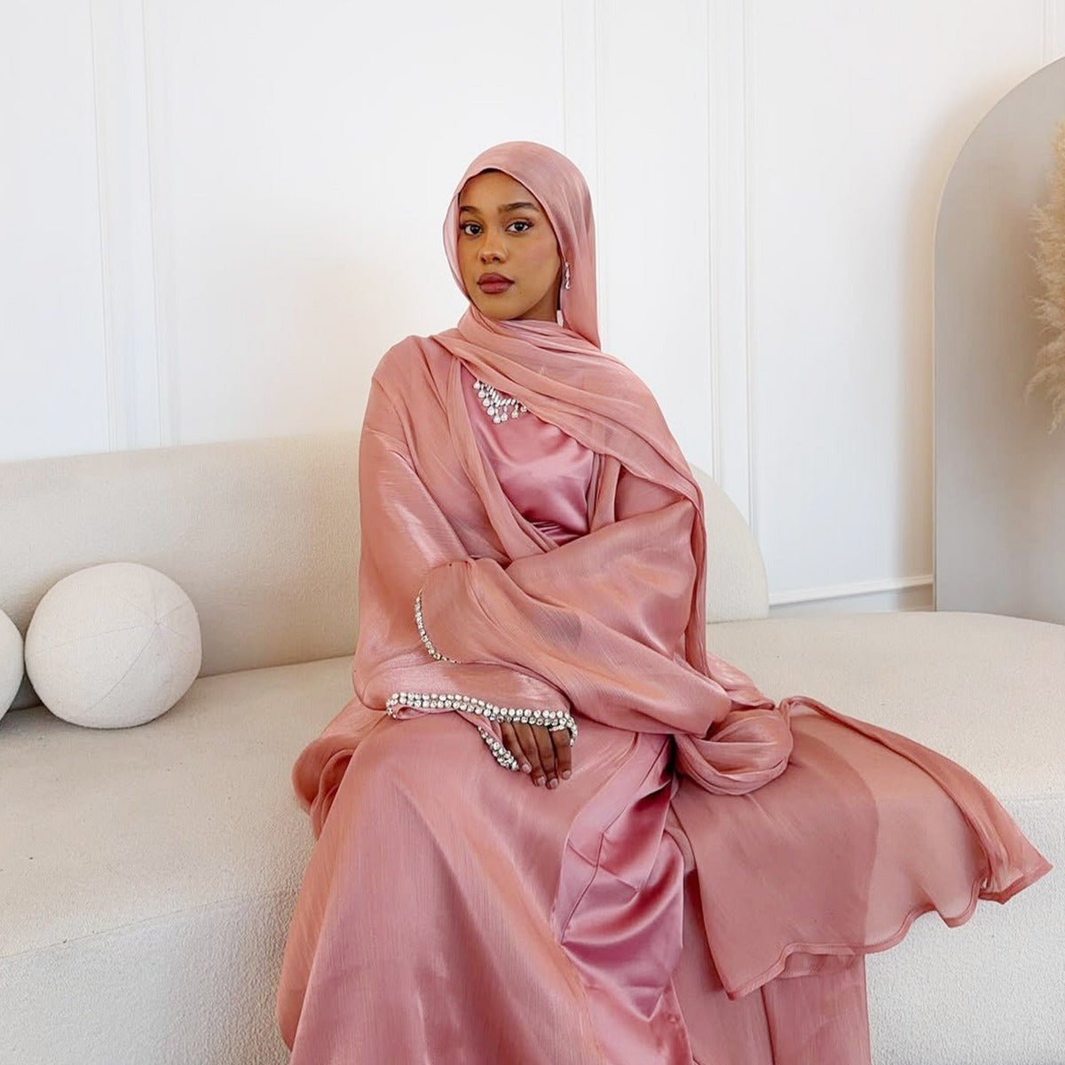 Luxe Beaded Cardigan Abaya | Modest Luxury Evening Wear Beading - Embellished Robes (MOA195) - Mariam's Collection