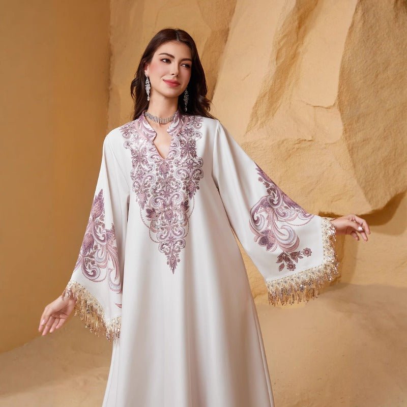 Luxe Embroidered Evening Abaya | Bell Sleeve Maxi Dress with Fringe Detail(MA338) - Mariam's Collection