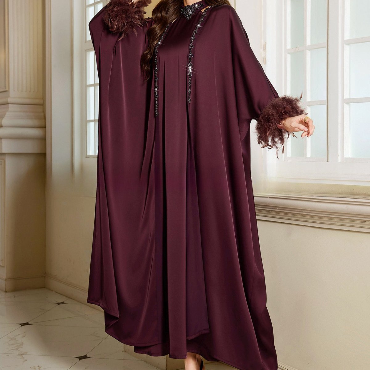 Luxe Satin Halter Dress & Feather Trim Cape Set(MOA250) - Mariam's Collection