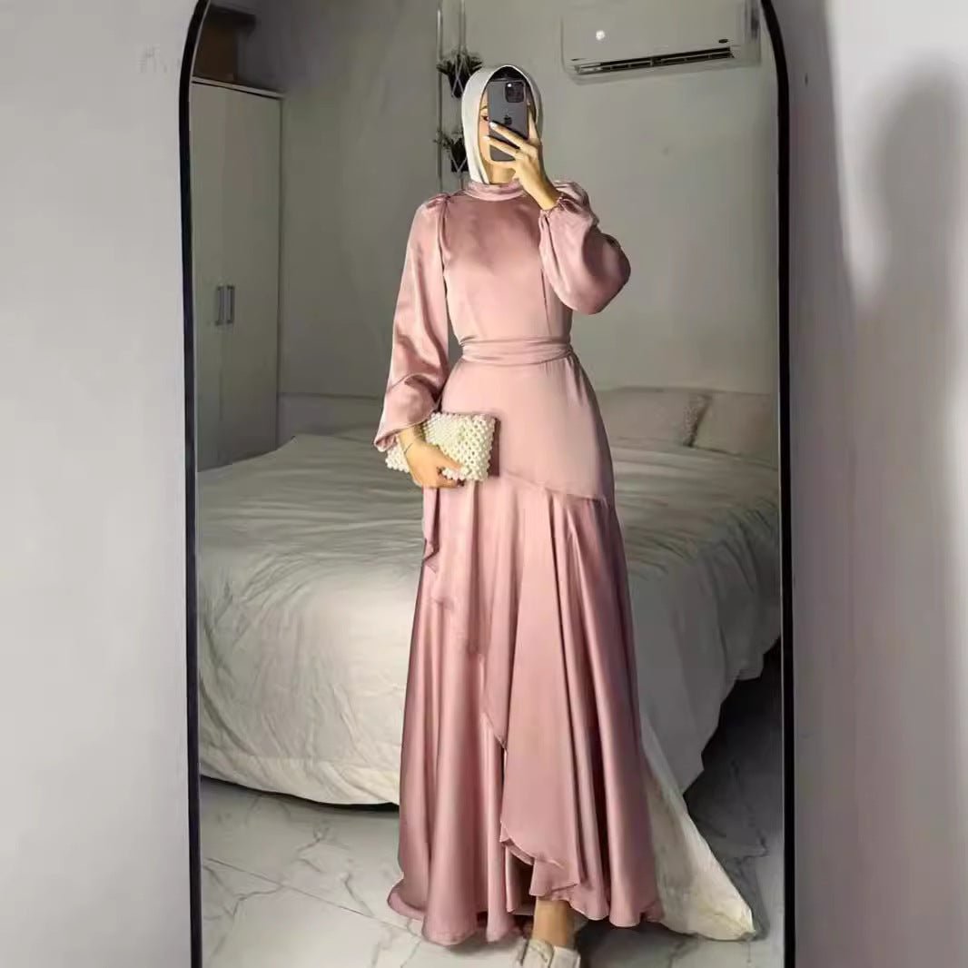 Luxe Satin Ruffle Hem Maxi Dress | Elastic Cuff Belted Abaya(MS187) - Mariam's Collection
