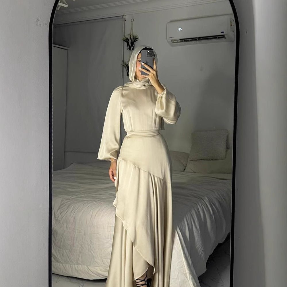 Luxe Satin Ruffle Hem Maxi Dress | Elastic Cuff Belted Abaya(MS187) - Mariam's Collection