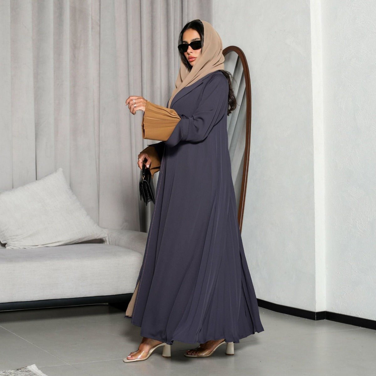 Luxe Suede Robe Dress | Navy Blue Maxi with Gold Accents & Bell Sleeves(MOA200) - Mariam's Collection