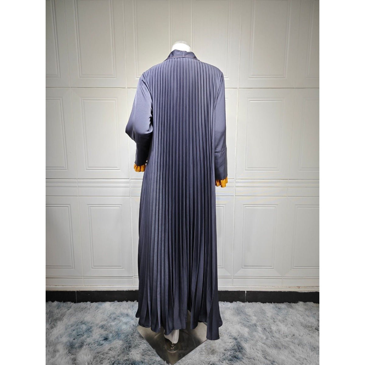 Luxe Suede Robe Dress | Navy Blue Maxi with Gold Accents & Bell Sleeves(MOA200) - Mariam's Collection