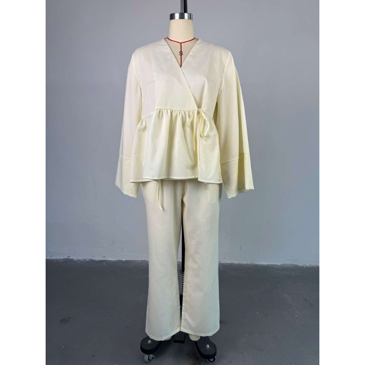 Luxe Two - Piece Set | Modest Fashion V - Neck Lace - Up Top & Wide Leg Pants. (MS094) - Mariam's Collection