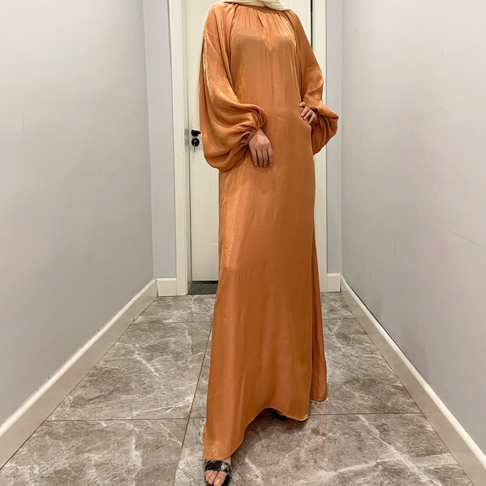 Luxurious Shimmer Abaya with Lantern Sleeves | Stand Collar Back Tie Maxi Dress(MA324) - Mariam's Collection