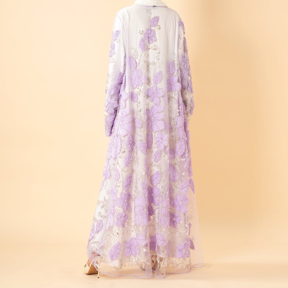Luxury 3D Floral Beaded Embroidered Mesh Open Abaya– Lavender Occasion Abaya (MOA304) - Mariam's Collection