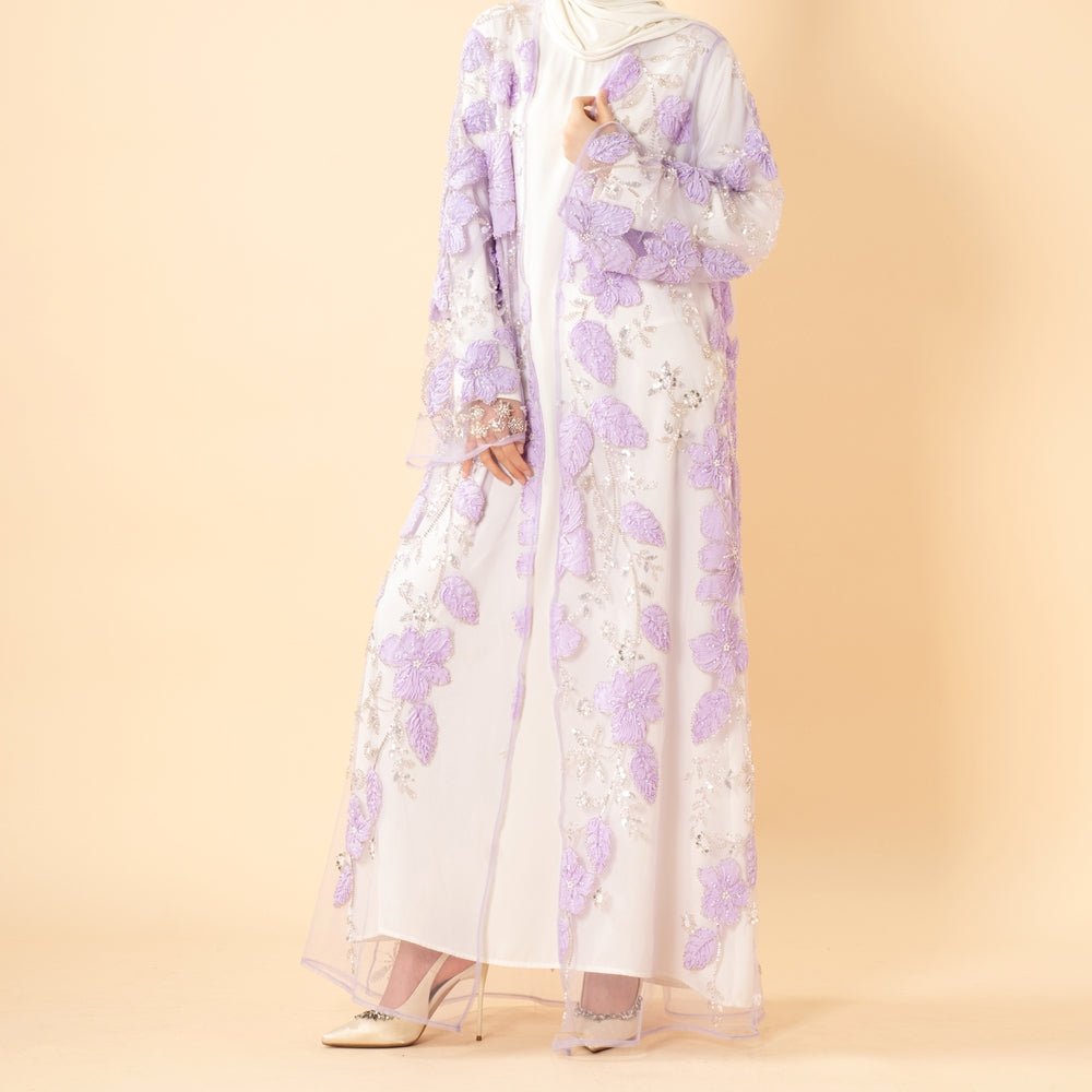 Luxury 3D Floral Beaded Embroidered Mesh Open Abaya– Lavender Occasion Abaya (MOA304) - Mariam's Collection