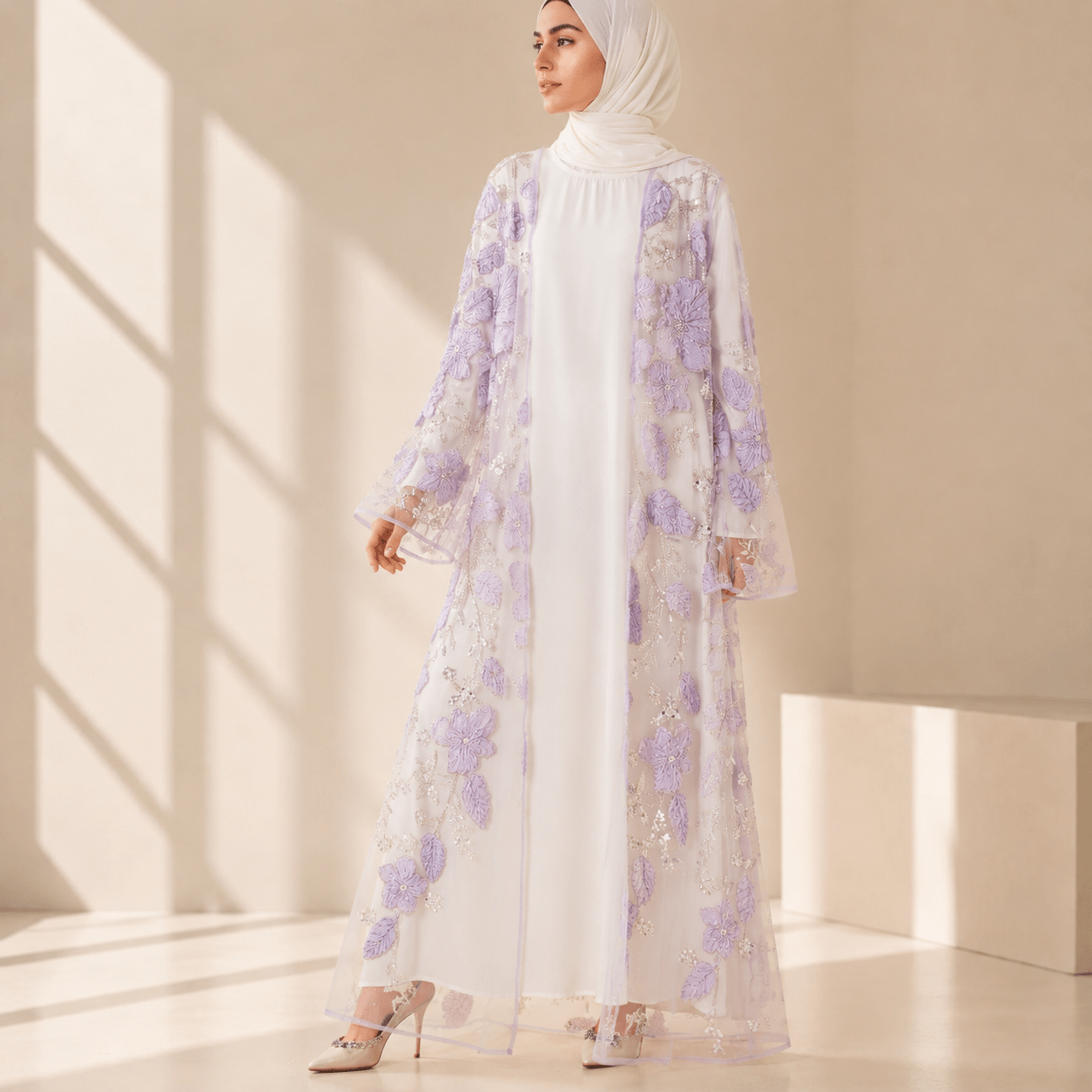 Luxury 3D Floral Beaded Embroidered Mesh Open Abaya– Lavender Occasion Abaya (MOA304) - Mariam's Collection