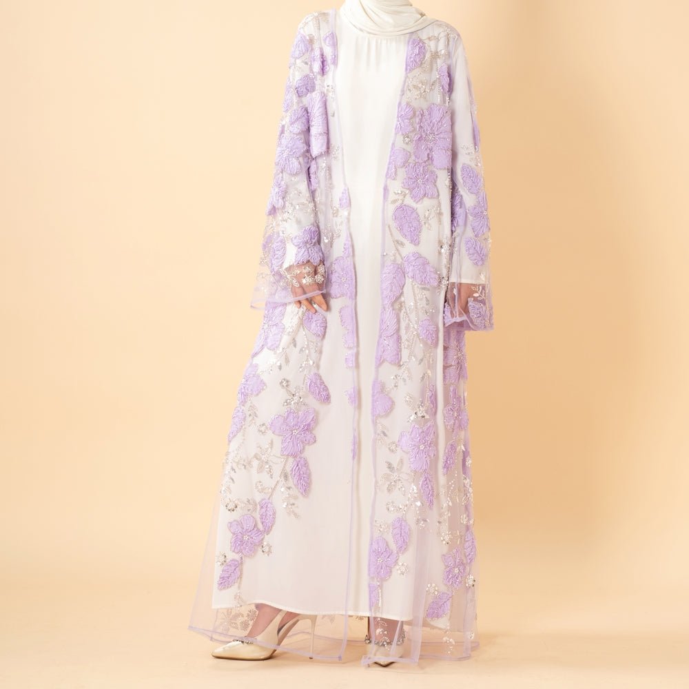 Luxury 3D Floral Beaded Embroidered Mesh Open Abaya– Lavender Occasion Abaya (MOA304) - Mariam's Collection