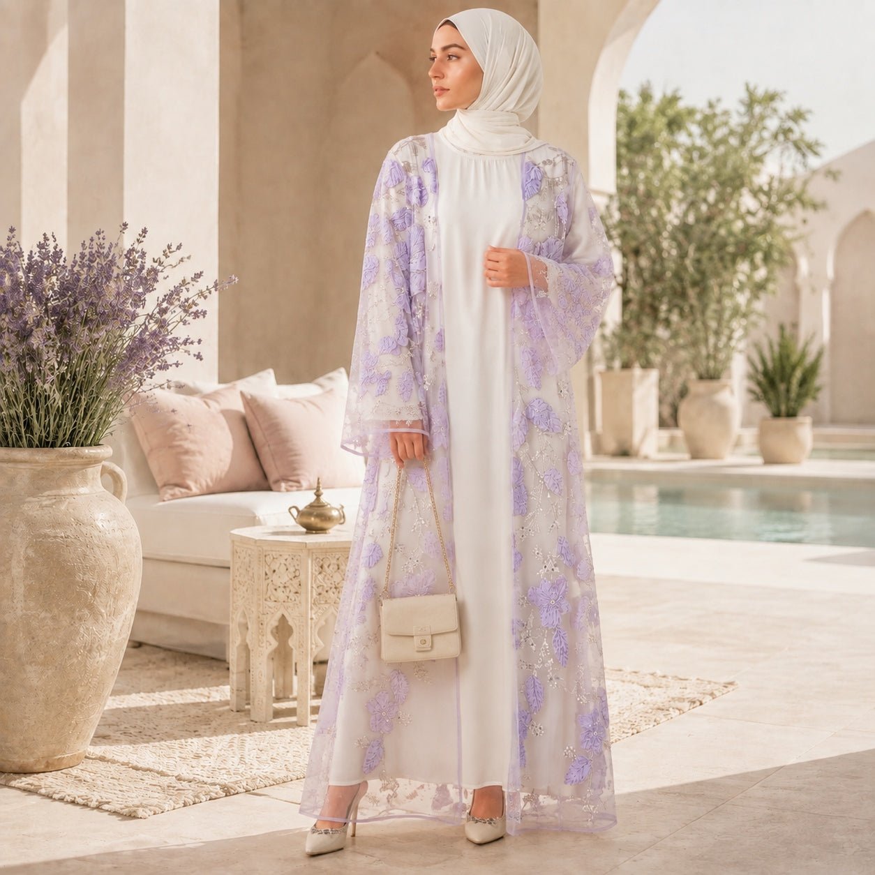 Luxury 3D Floral Beaded Embroidered Mesh Open Abaya– Lavender Occasion Abaya (MOA304) - Mariam's Collection