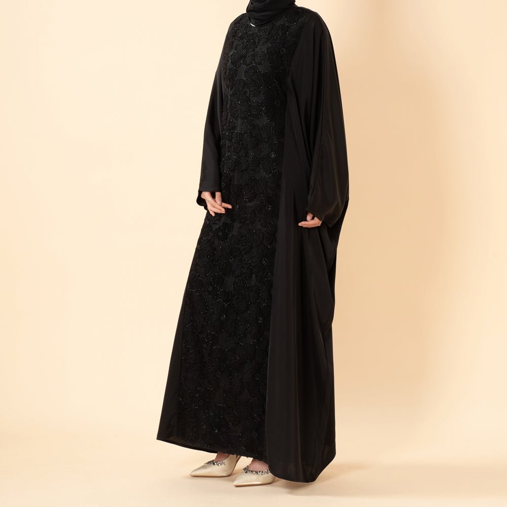Luxury 3D Ribbon Embroidered Batwing Abaya with Adjustable Waist Tie (MA431) - Mariam's Collection
