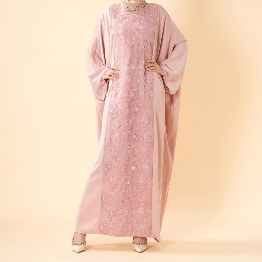 Luxury 3D Ribbon Embroidered Batwing Abaya with Adjustable Waist Tie (MA431) - Mariam's Collection