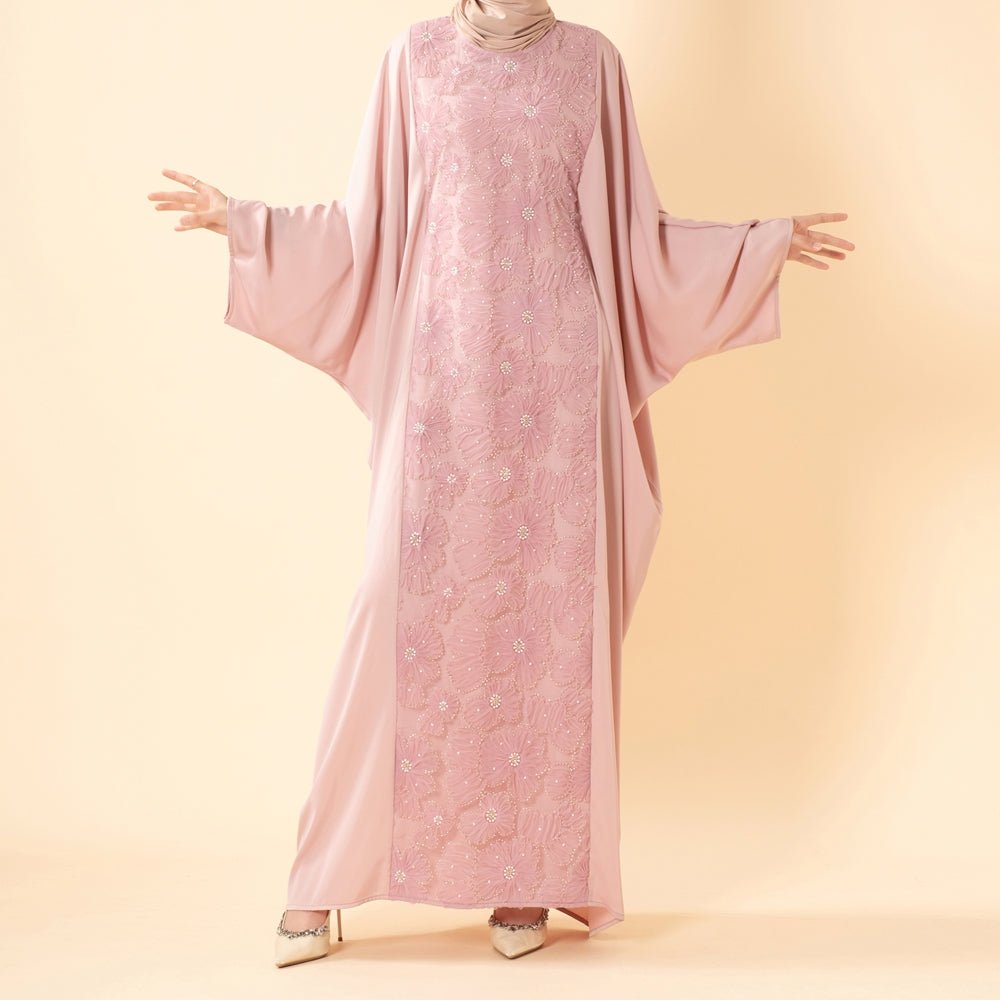 Luxury 3D Ribbon Embroidered Batwing Abaya with Adjustable Waist Tie (MA431) - Mariam's Collection