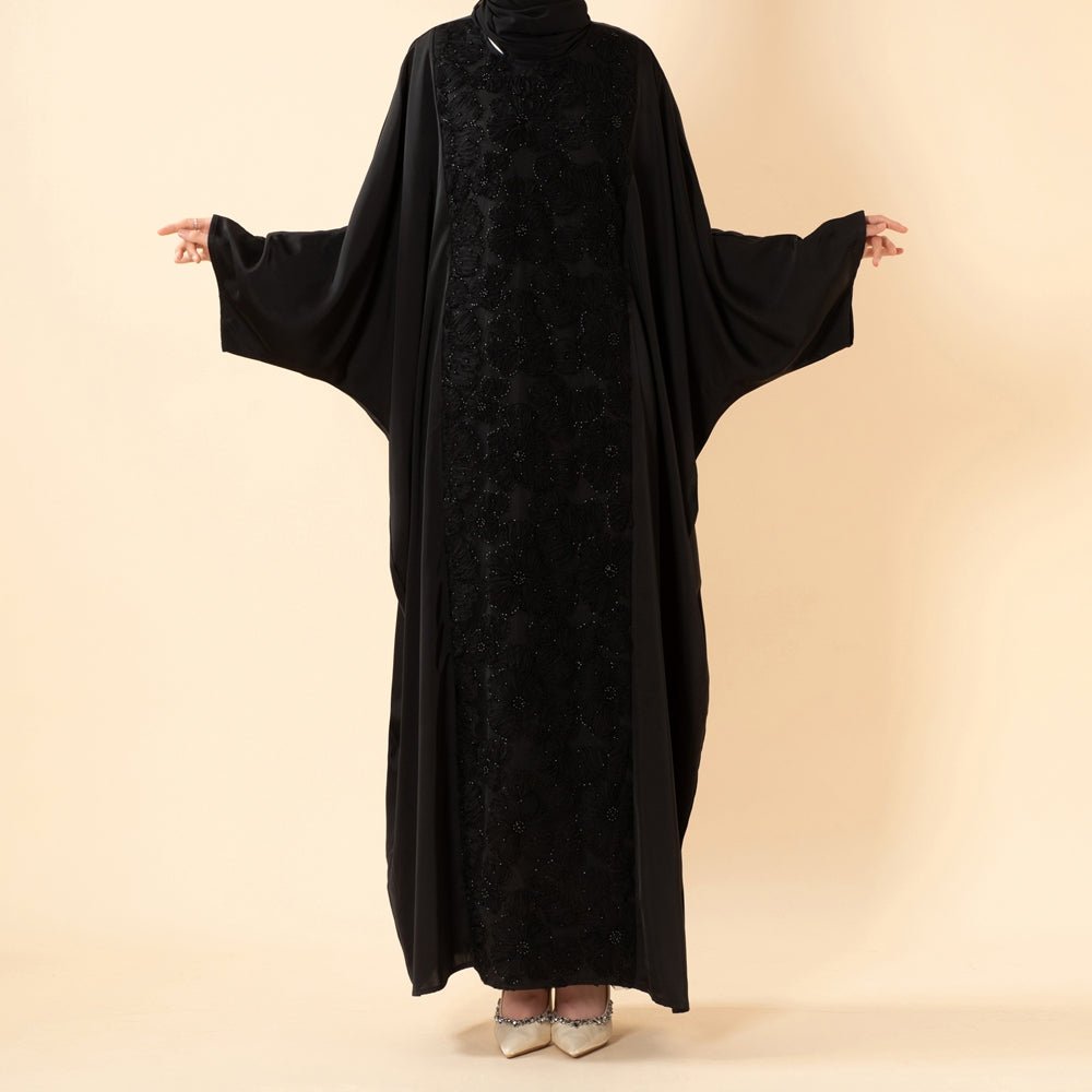 Luxury 3D Ribbon Embroidered Batwing Abaya with Adjustable Waist Tie (MA431) - Mariam's Collection