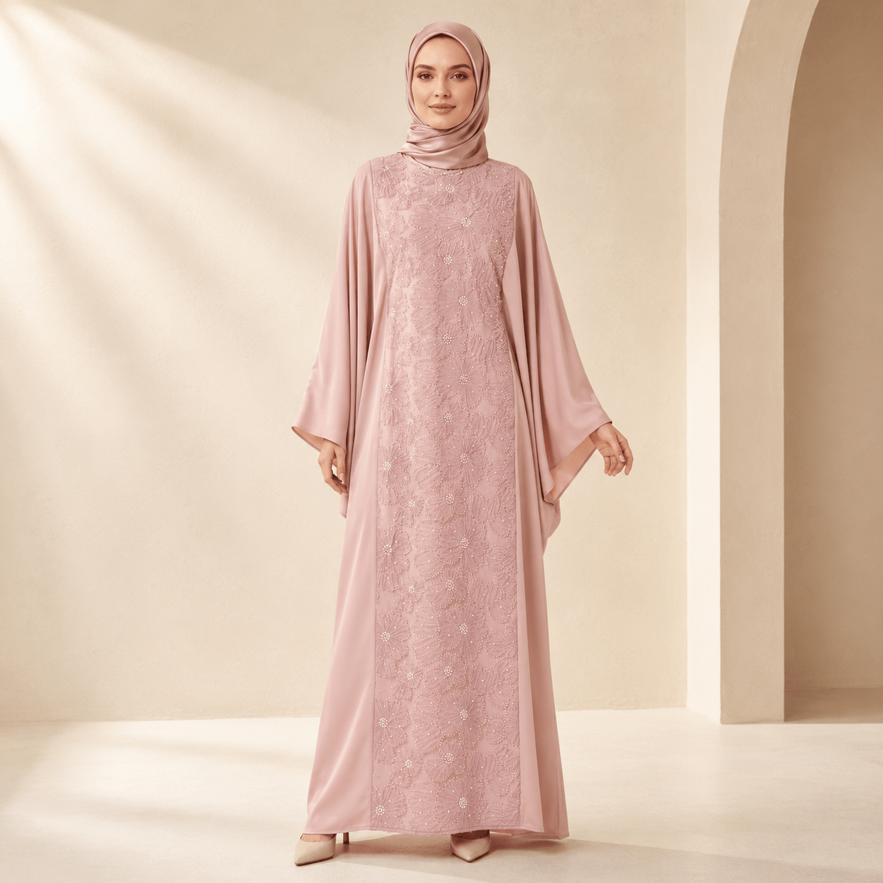 Luxury 3D Ribbon Embroidered Batwing Abaya with Adjustable Waist Tie (MA431) - Mariam's Collection
