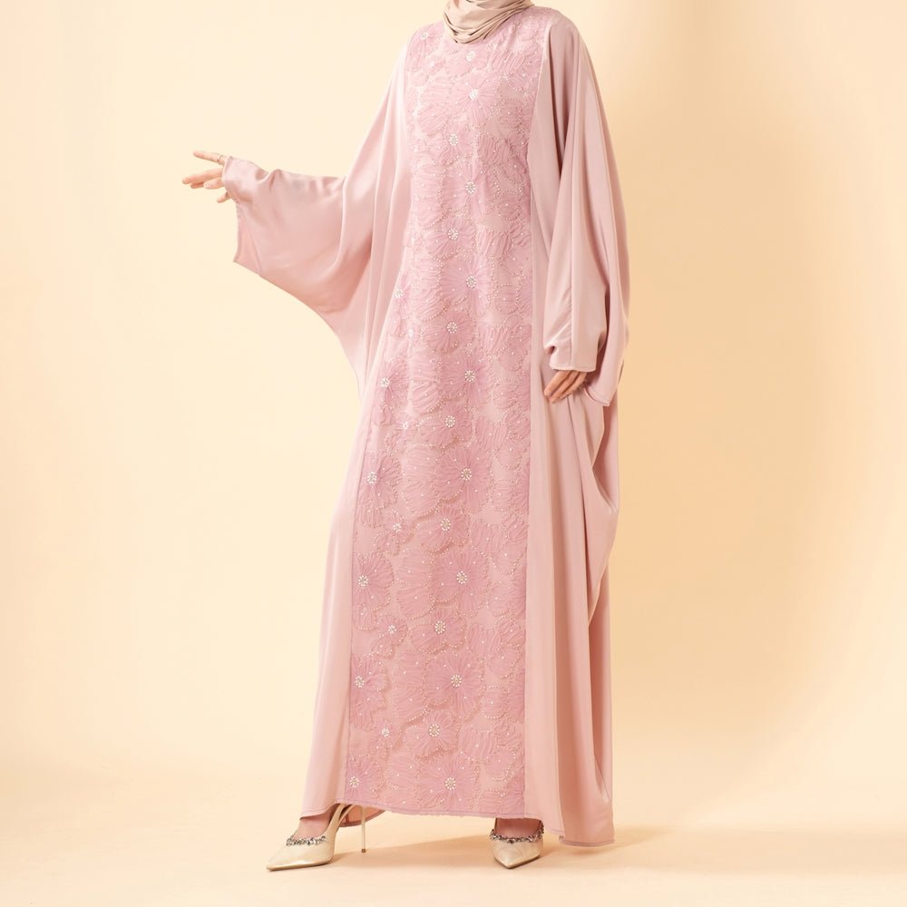 Luxury 3D Ribbon Embroidered Batwing Abaya with Adjustable Waist Tie (MA431) - Mariam's Collection