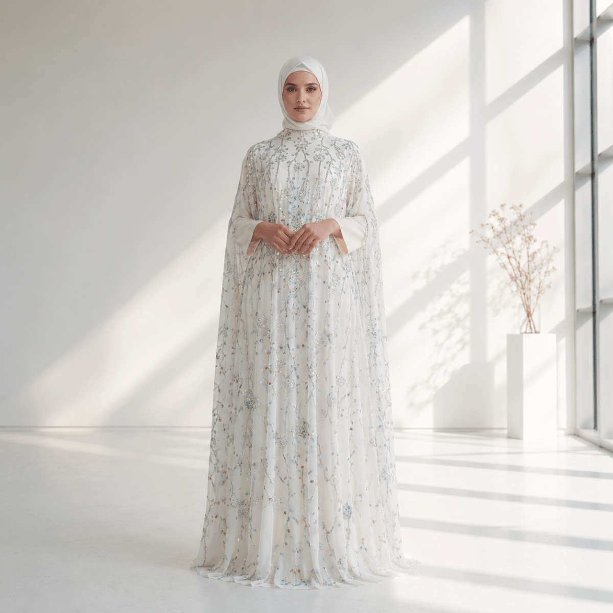 Luxury Crystal Embellished Cape Abaya Set with Inner Dress (MA390) - Mariam's Collection