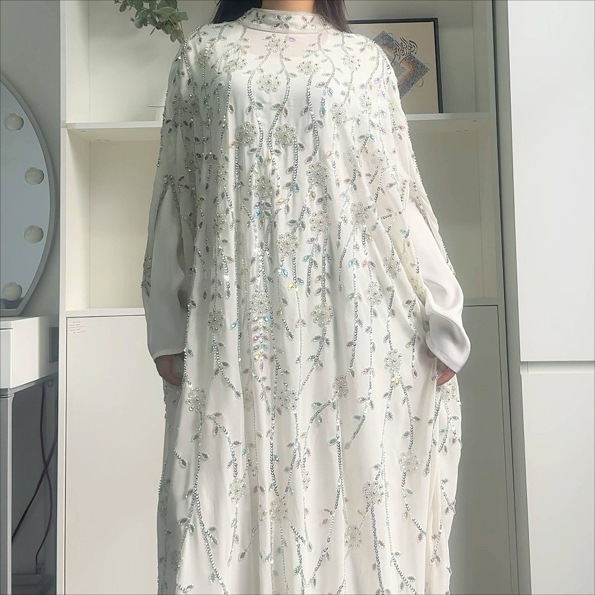 Luxury Crystal Embellished Cape Abaya Set with Modal Long - Sleeve Inner Dress (MA390) - Mariam's Collection