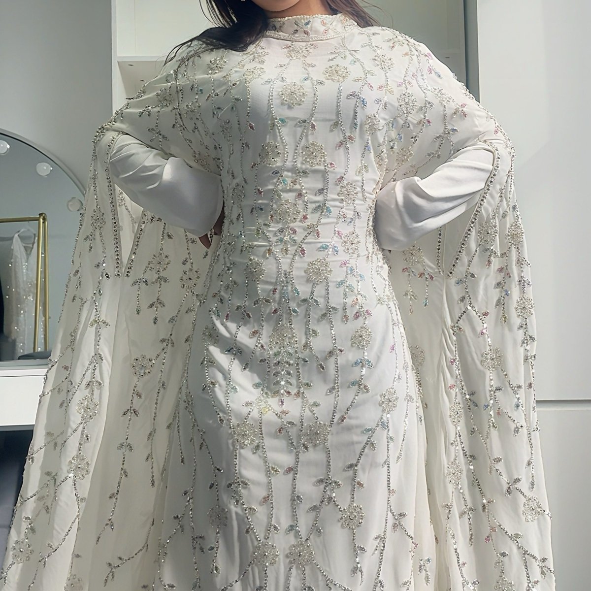 Luxury Crystal Embellished Cape Abaya Set with Modal Long - Sleeve Inner Dress (MA390) - Mariam's Collection