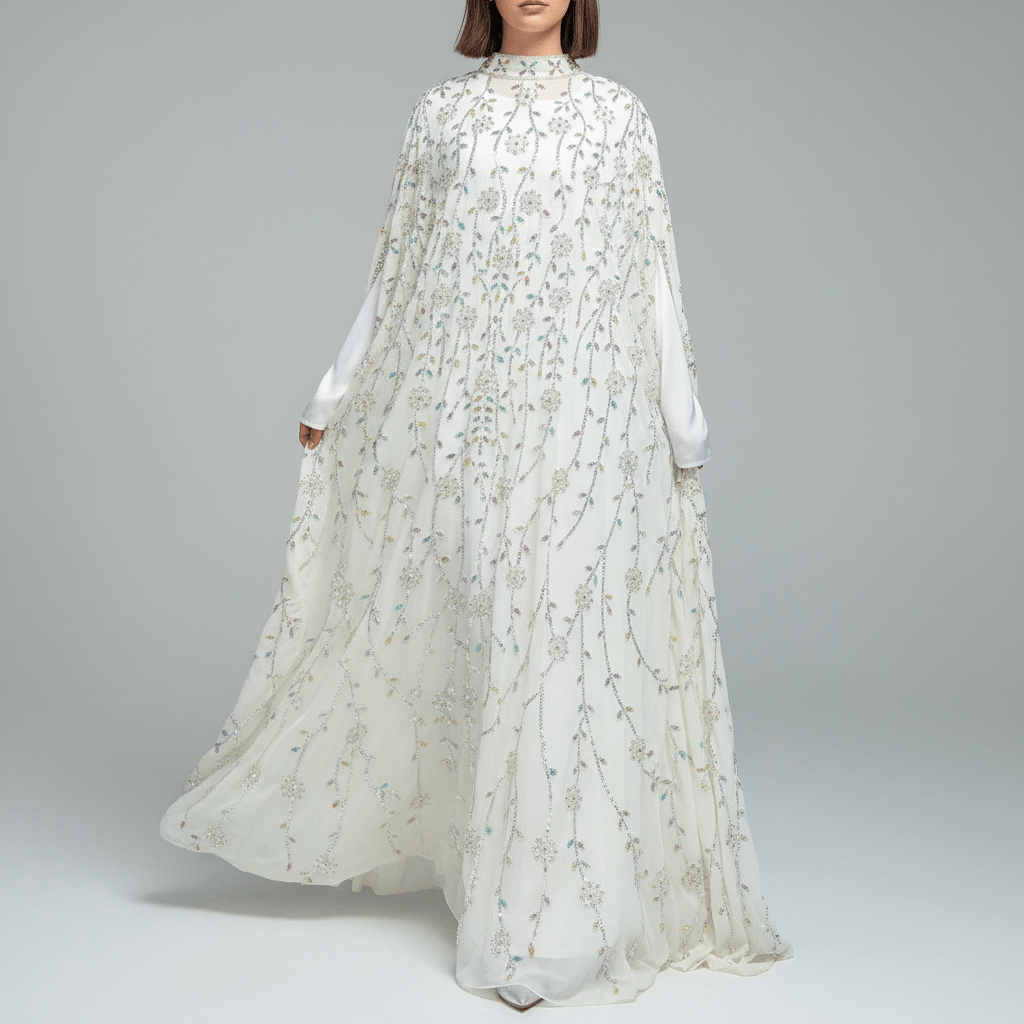 Luxury Crystal Embellished Cape Abaya Set with Modal Long - Sleeve Inner Dress (MA390) - Mariam's Collection