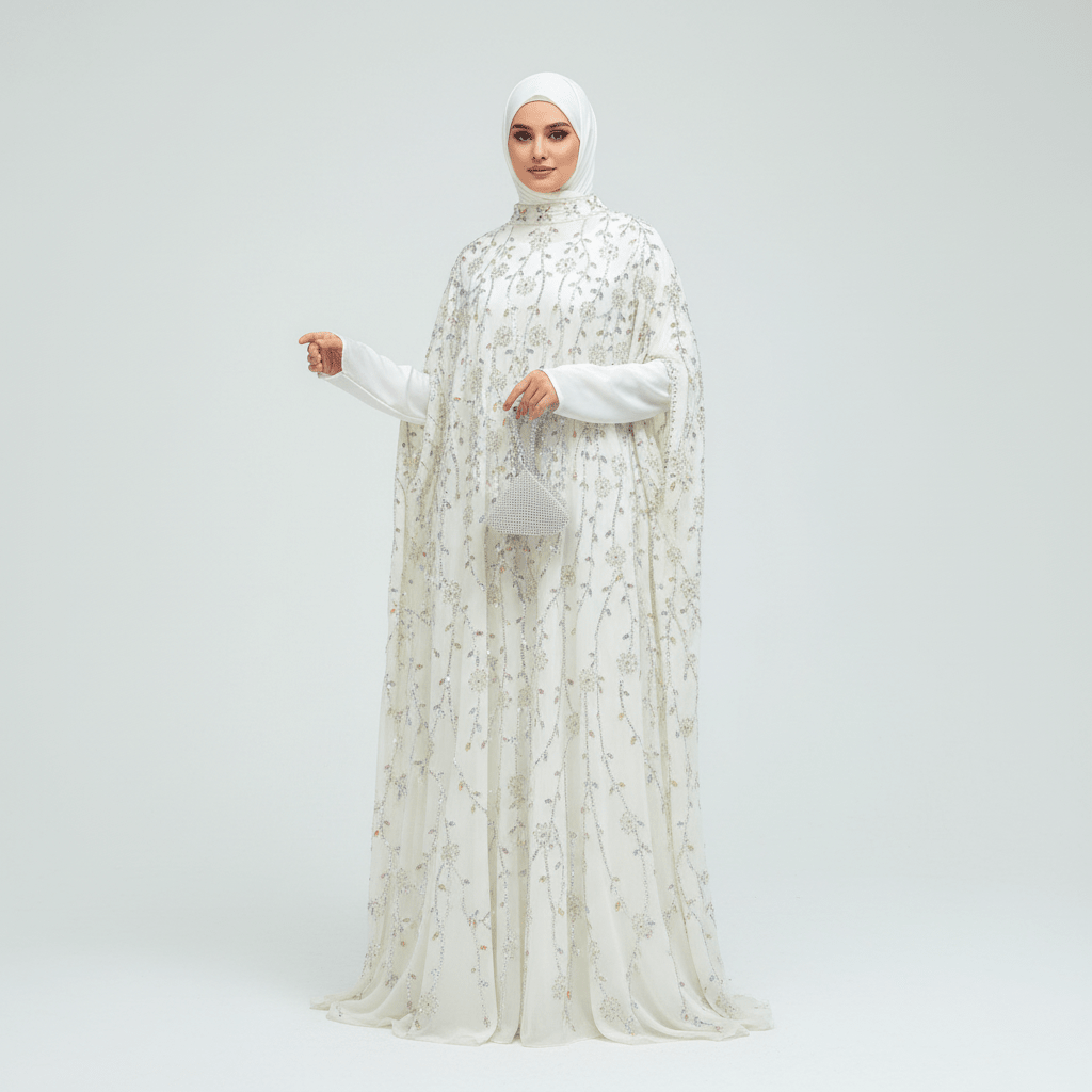 Luxury Crystal Embellished Cape Abaya Set with Modal Long - Sleeve Inner Dress (MA390) - Mariam's Collection