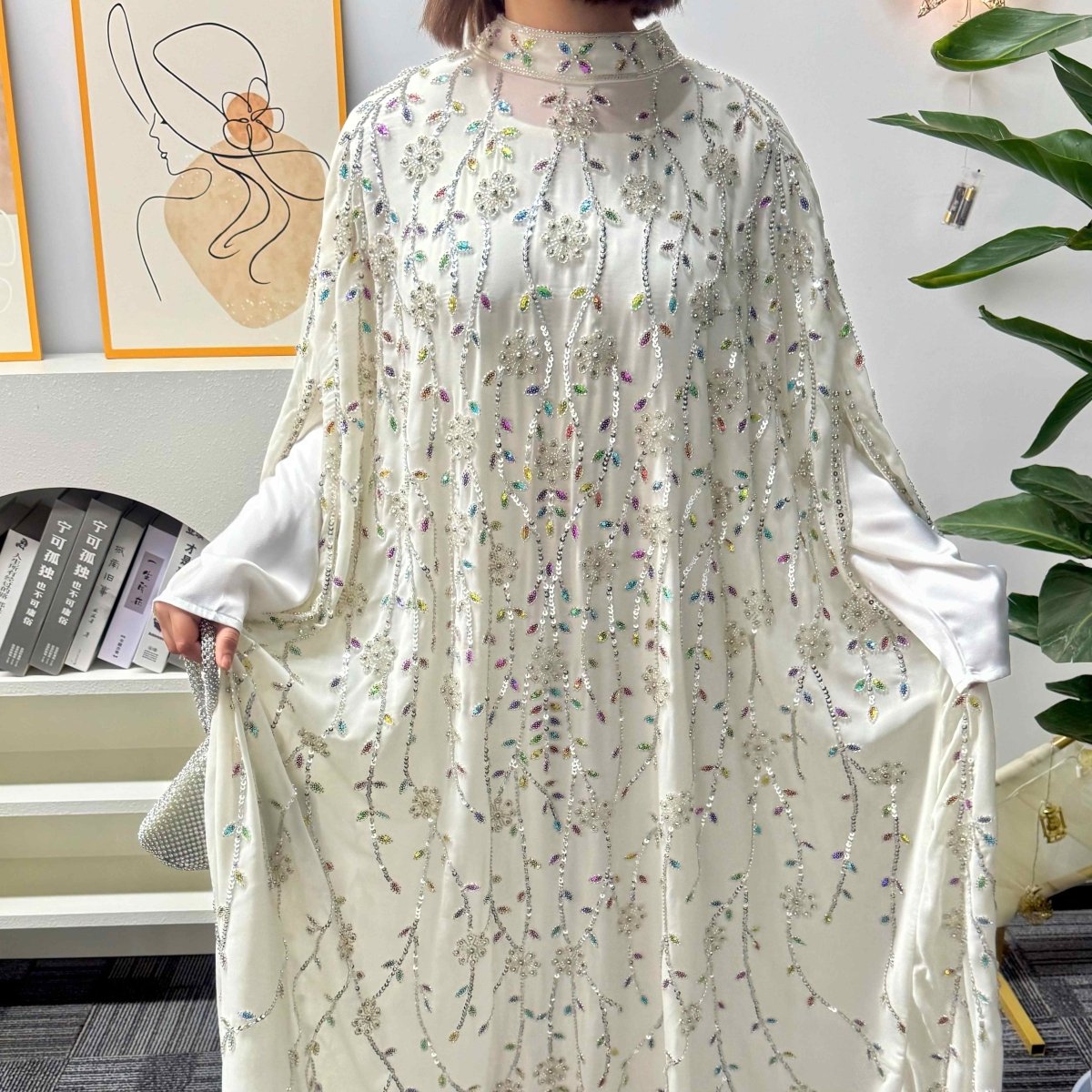 Luxury Crystal Embellished Cape Abaya Set with Modal Long - Sleeve Inner Dress (MA390) - Mariam's Collection