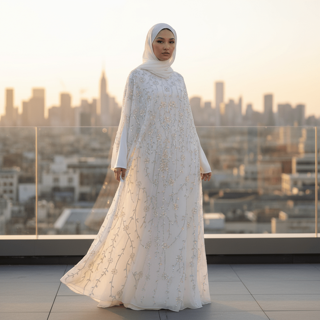 Luxury Crystal Embellished Cape Abaya Set with Modal Long - Sleeve Inner Dress (MA390) - Mariam's Collection