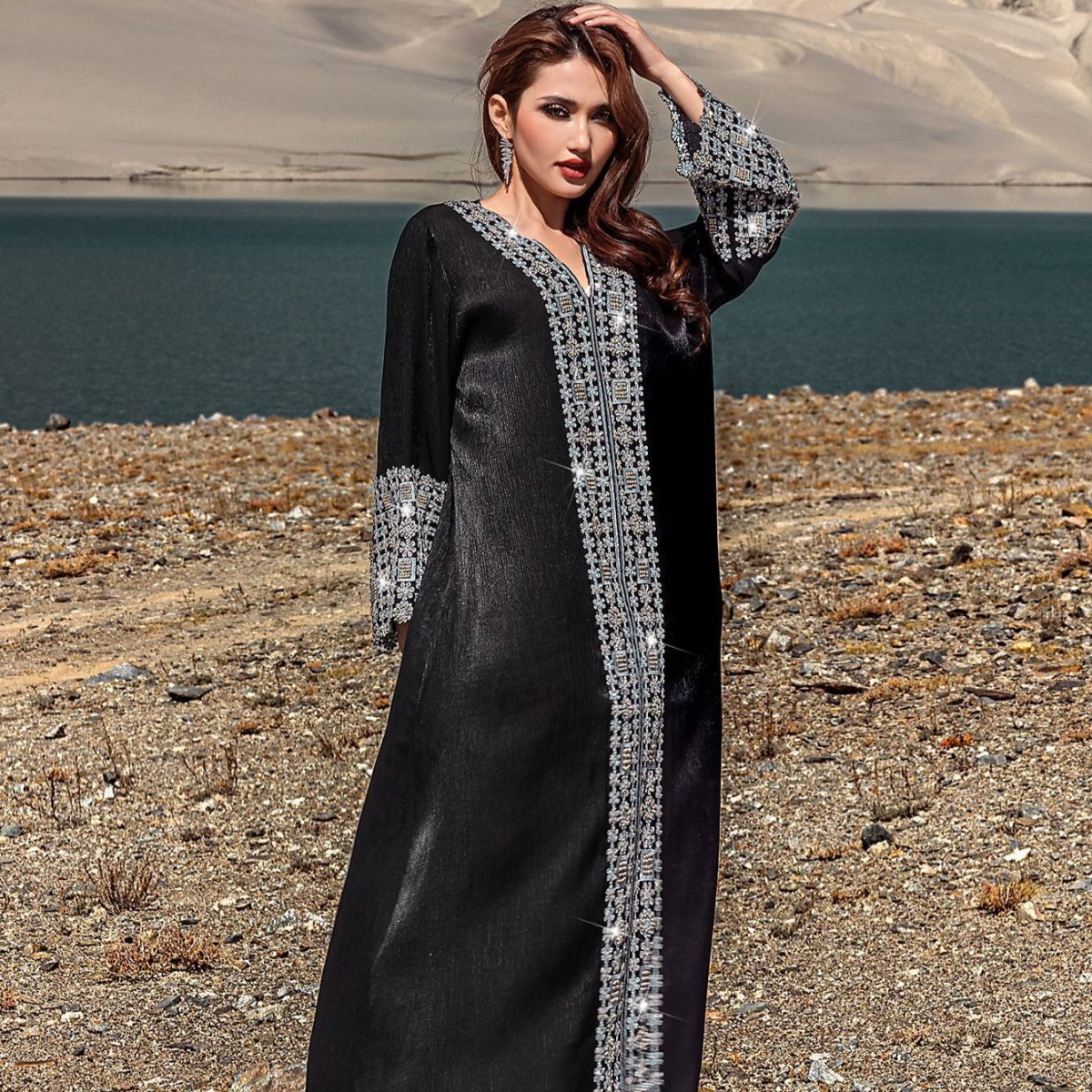Luxury Crystal & Pearl Embellished Abaya | V - Neck Nida Crepe Maxi Dress(MA343) - Mariam's Collection