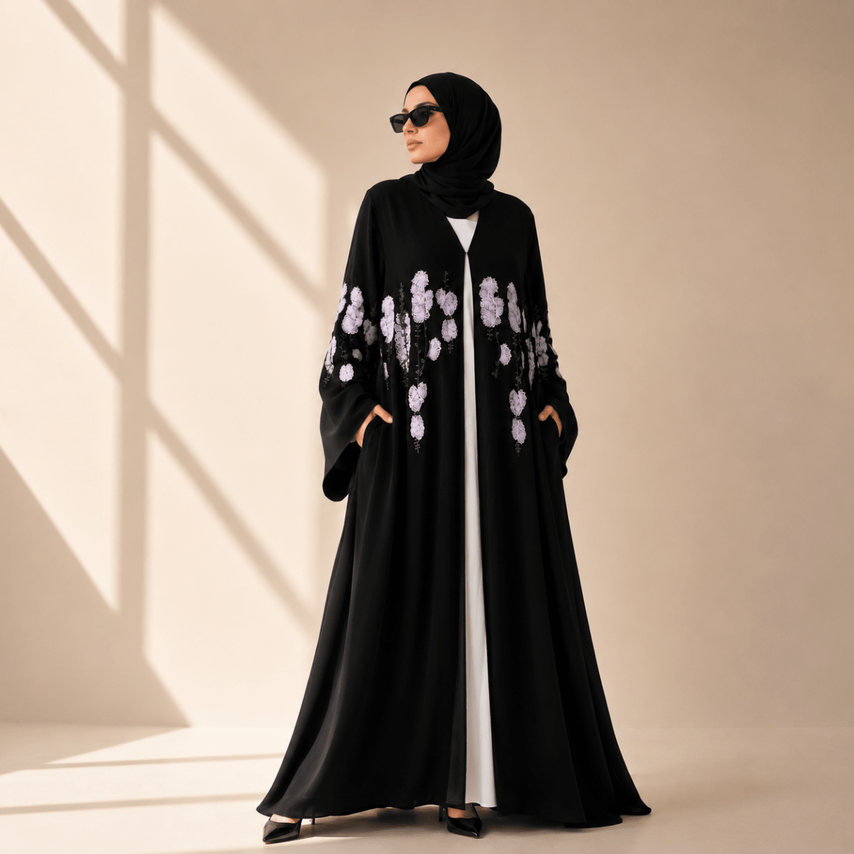 Luxury Floral Embroidered Double-Layer Chiffon Open Abaya(MOA308) - Mariam's Collection