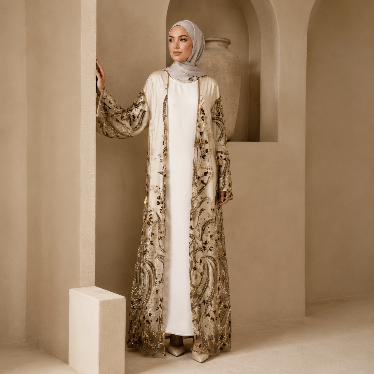 Luxury Hand-Beaded Sequin Embroidered Open Abaya for Eid & Wedding Occasions (MOA305) - Mariam's Collection