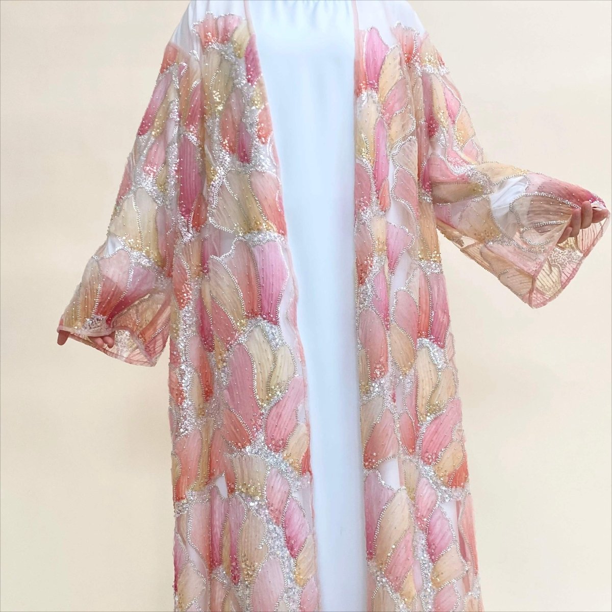 Pink embroidered open abaya cardigan with bridal-grade lace fabric