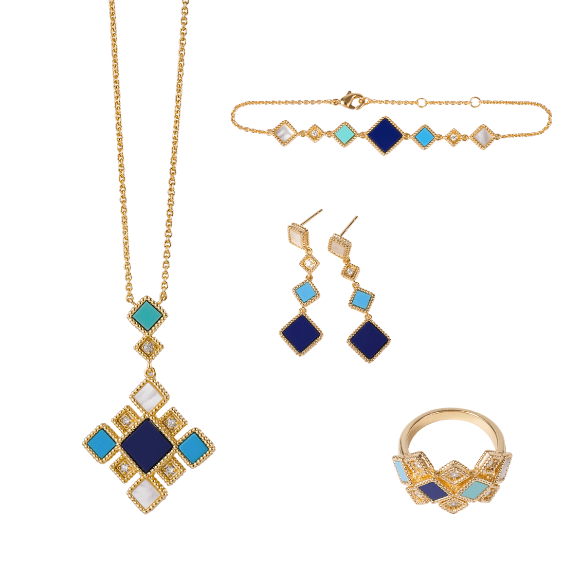 Luxury Islamic Accessories Geometric Gemstone Jewelry 4 - Piece Set – Necklace, Ring, Earrings & Bracelet(MAC253) - Mariam's Collection