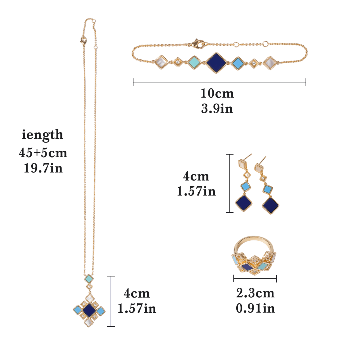 Luxury Islamic Accessories Geometric Gemstone Jewelry 4 - Piece Set – Necklace, Ring, Earrings & Bracelet(MAC253) - Mariam's Collection