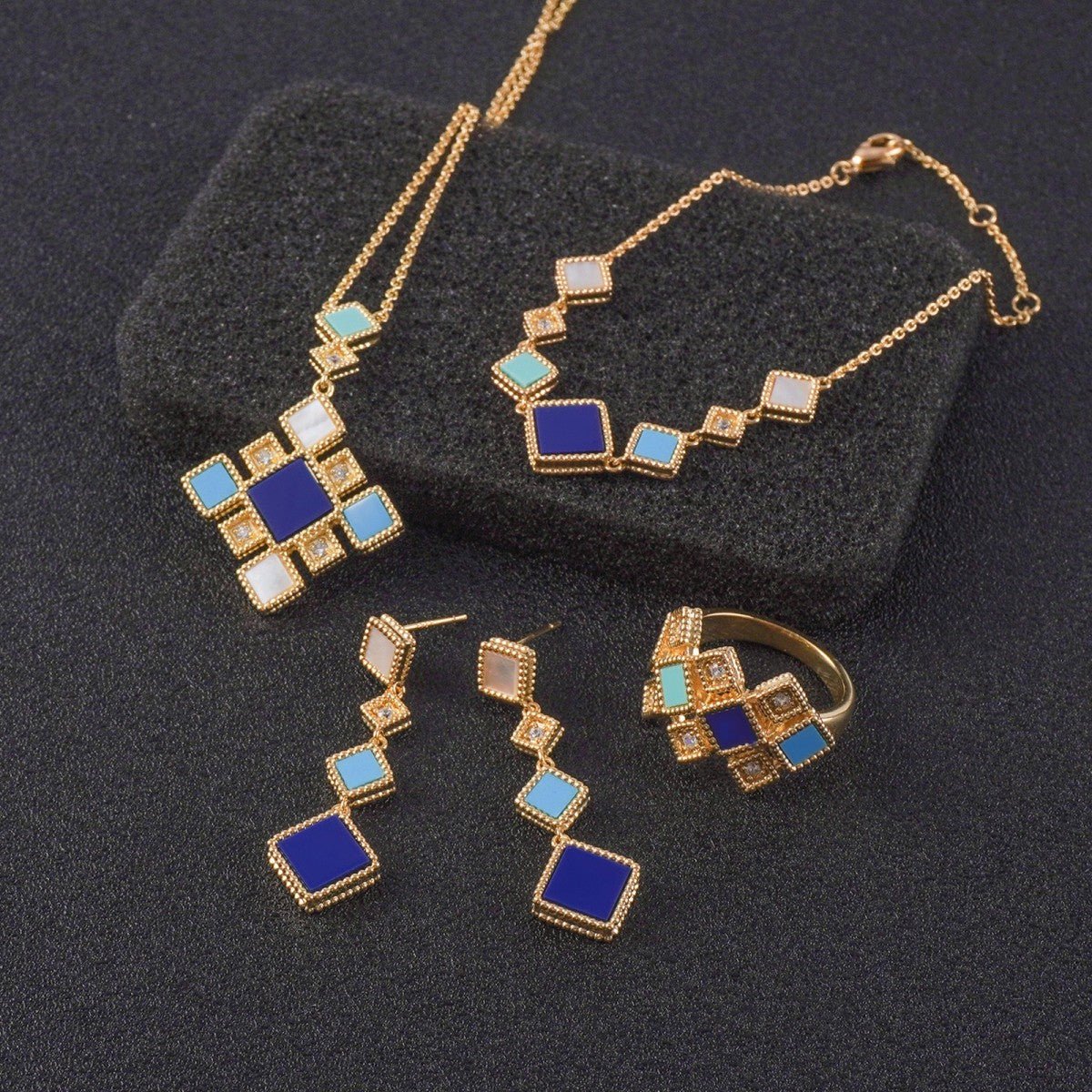 Luxury Islamic Accessories Geometric Gemstone Jewelry 4 - Piece Set – Necklace, Ring, Earrings & Bracelet(MAC253) - Mariam's Collection