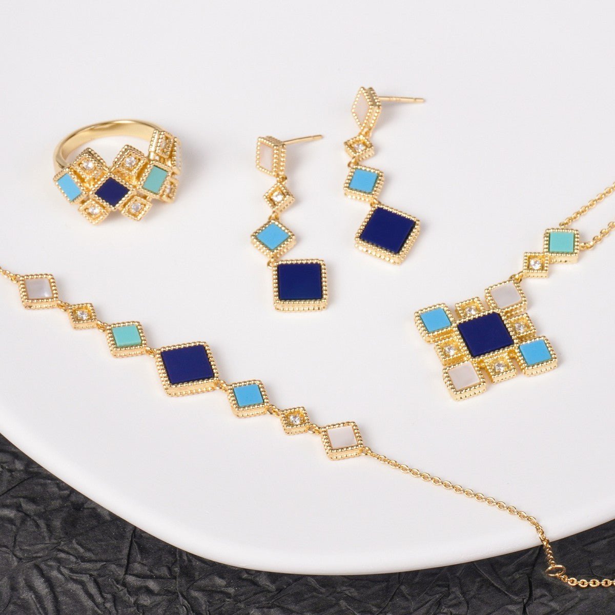 Luxury Islamic Accessories Geometric Gemstone Jewelry 4 - Piece Set – Necklace, Ring, Earrings & Bracelet(MAC253) - Mariam's Collection