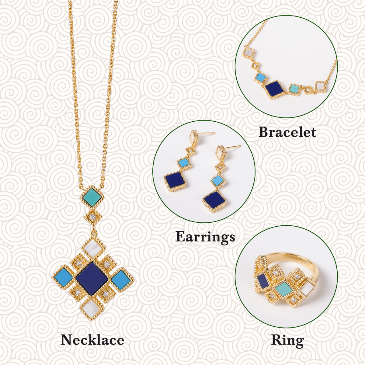 Luxury Islamic Accessories Geometric Gemstone Jewelry 4 - Piece Set – Necklace, Ring, Earrings & Bracelet(MAC253) - Mariam's Collection