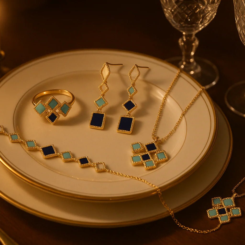 Luxury Islamic Accessories Geometric Gemstone Jewelry 4 - Piece Set – Necklace, Ring, Earrings & Bracelet(MAC253) - Mariam's Collection