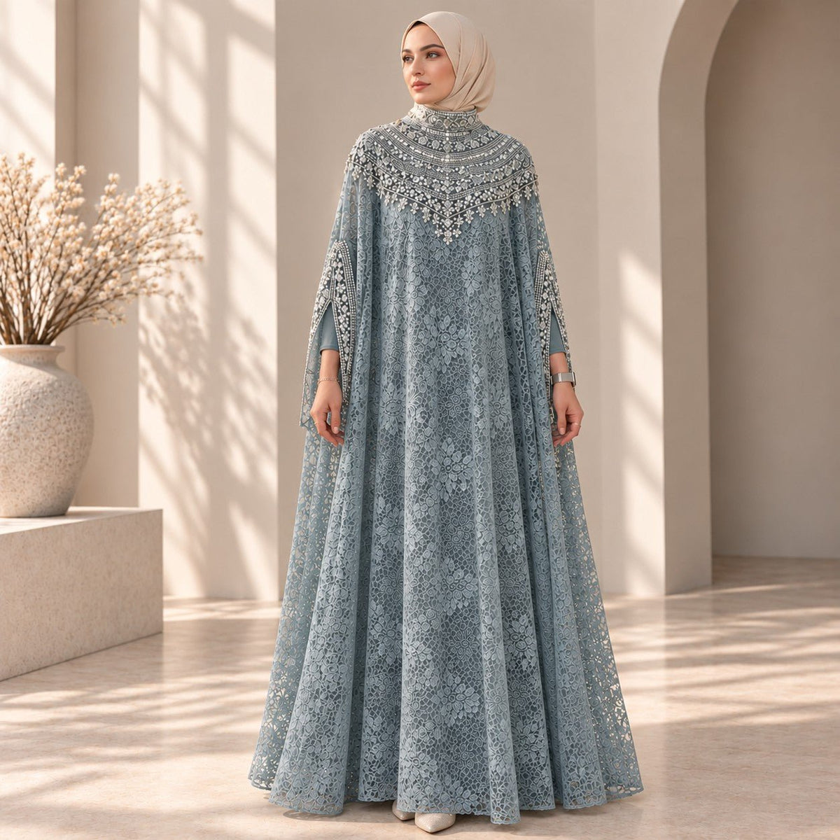 Luxury Lace Beaded Abaya Dress | Wedding & Nikah Occasion Gown (MA470) - Mariam's Collection